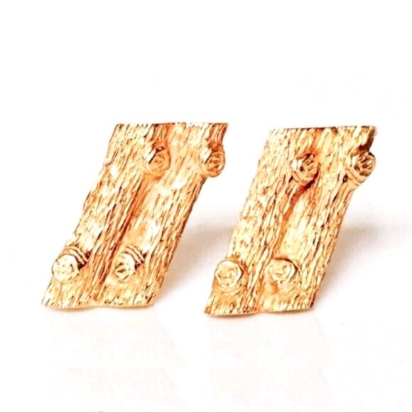 14k Solid Gold Cufflinks Tree Bark Log Texture - Picture 4 of 4